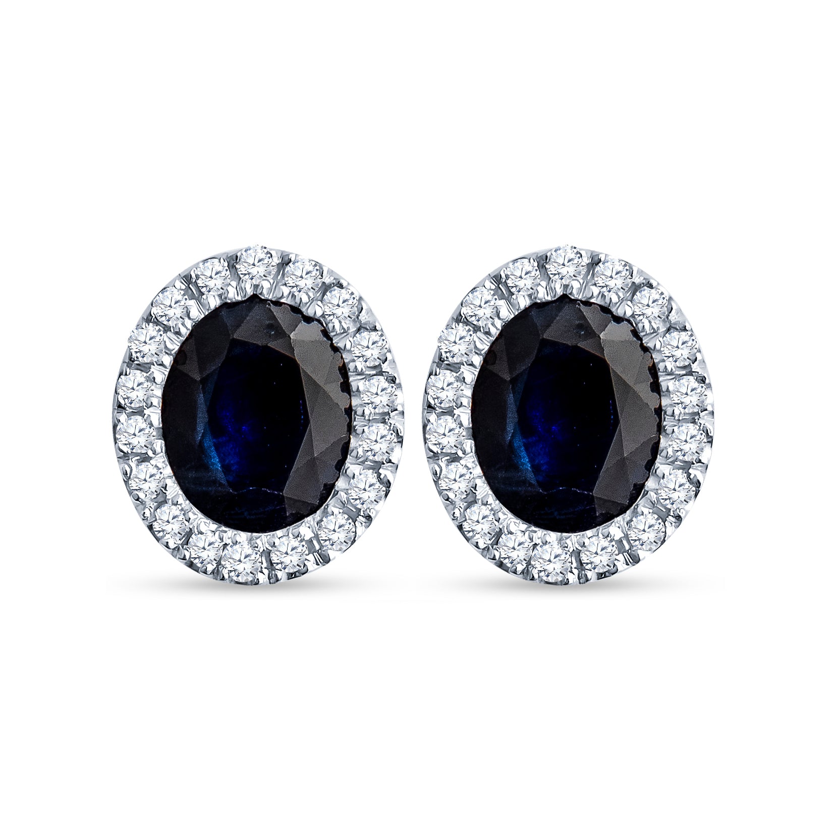 Oval blue sapphire diamond halo stud earrings in 18K gold