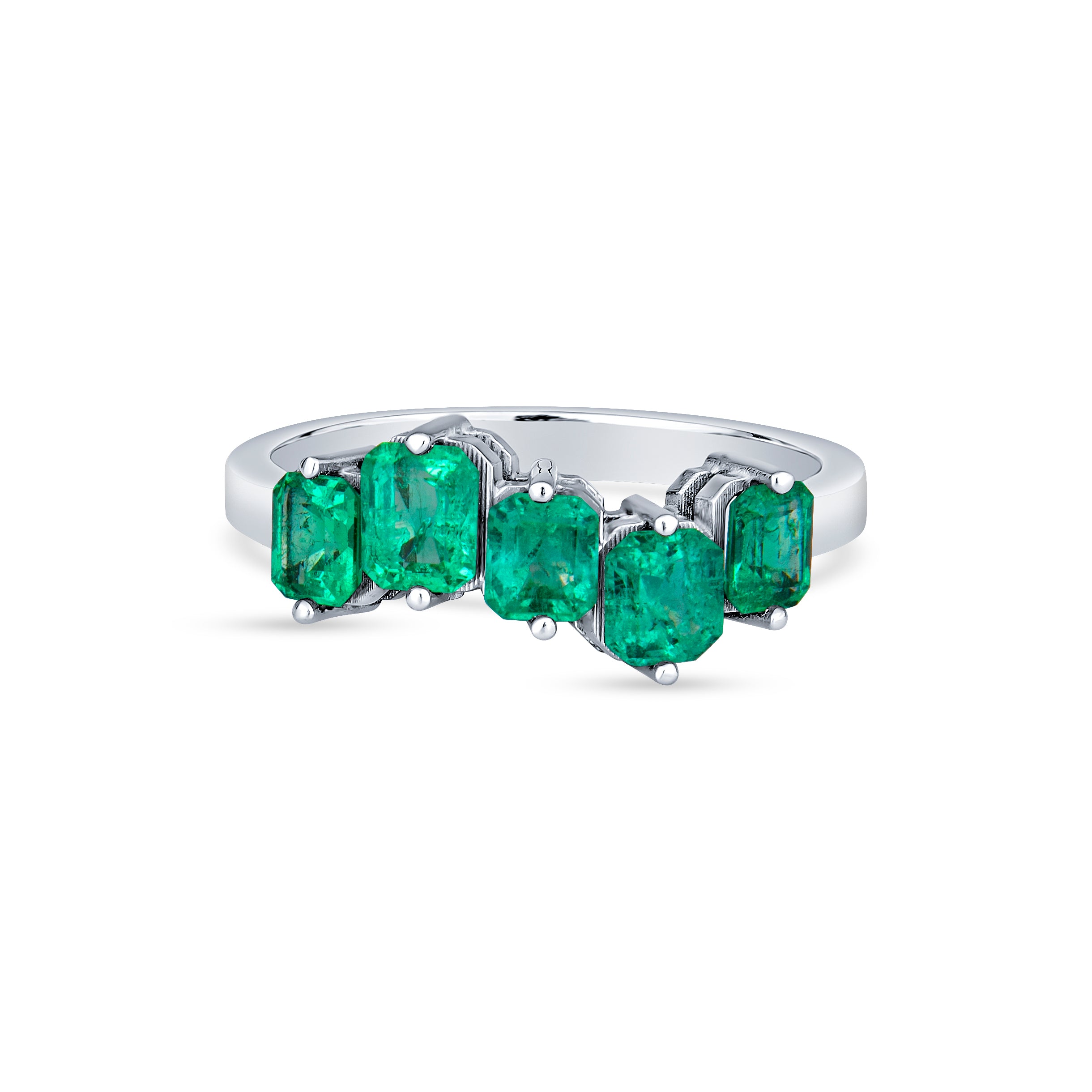 Vivid Colombian emerald five stone ring in 18K gold