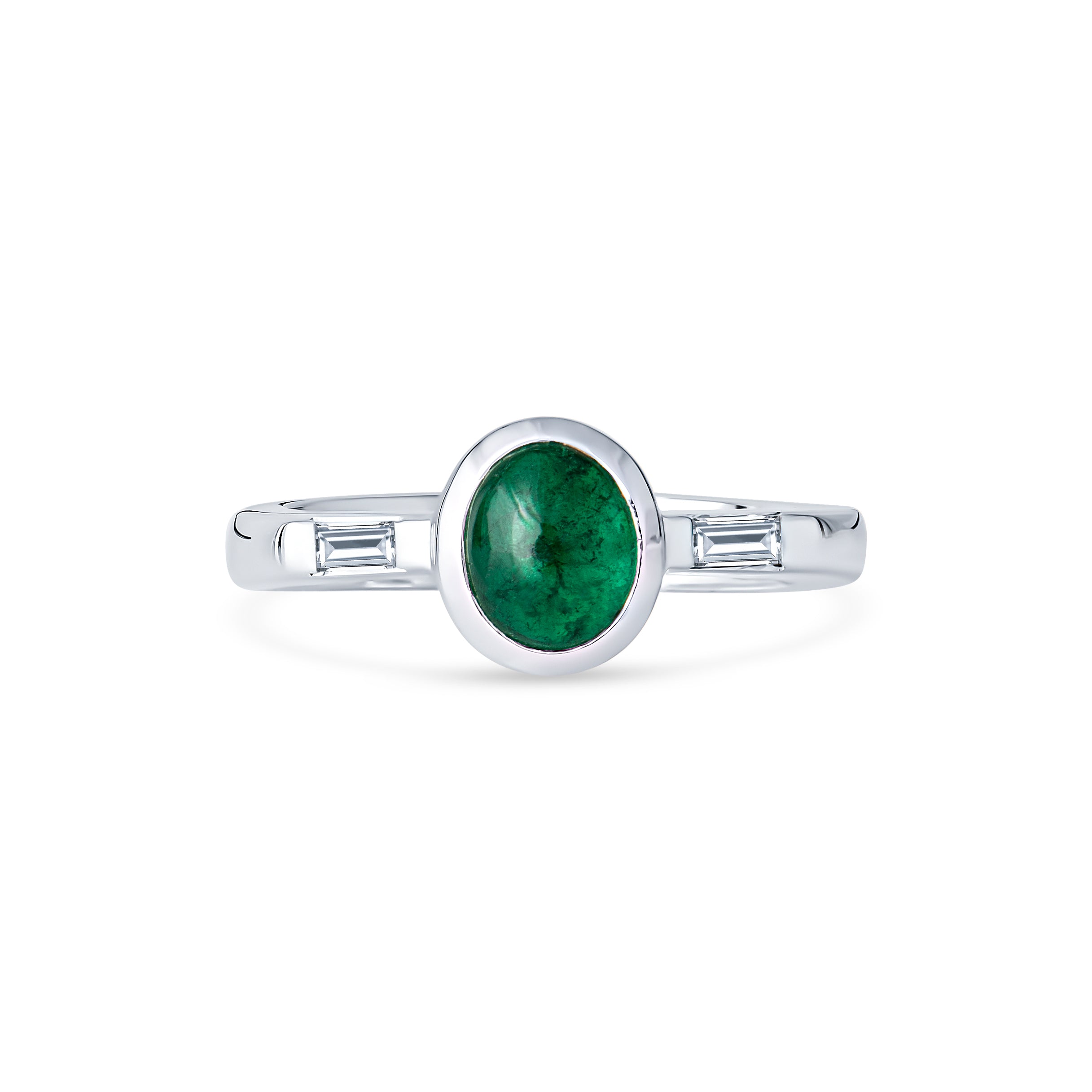 Colombian emerald cabochon ring with diamond baguettes in 18K gold