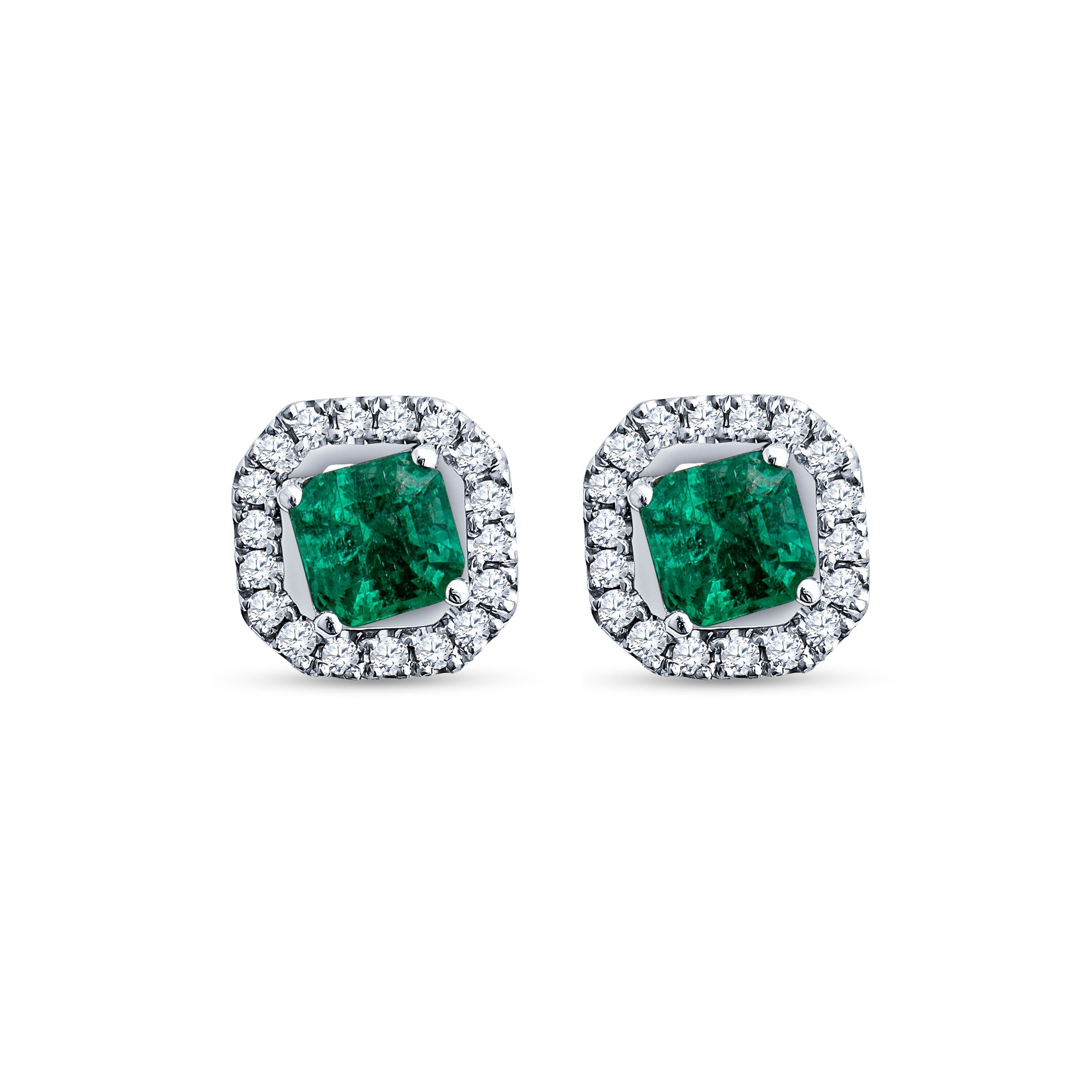 Colombian emerald cushion cut halo stud earrings in 18K gold