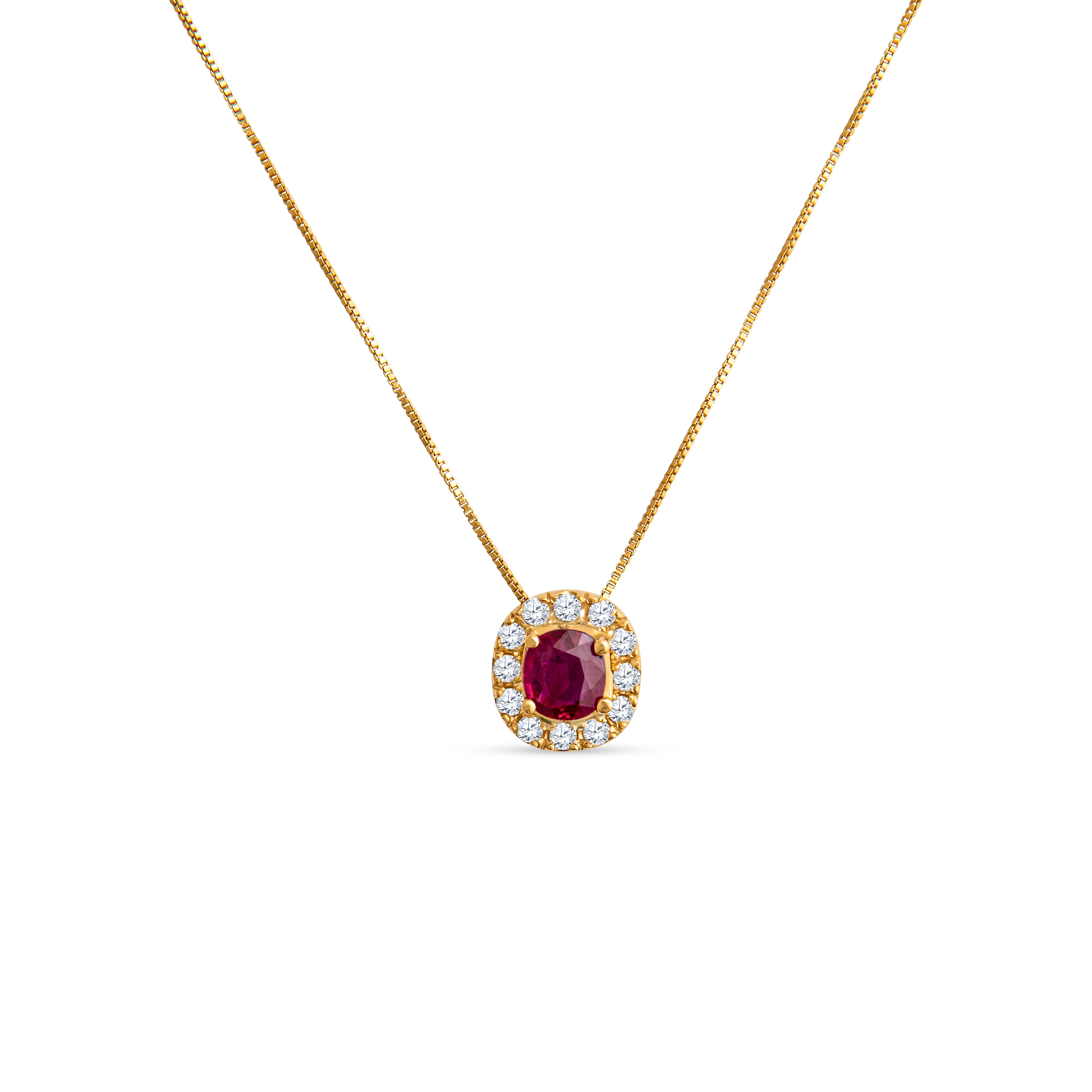 Oval ruby diamond halo pendant in 18K gold