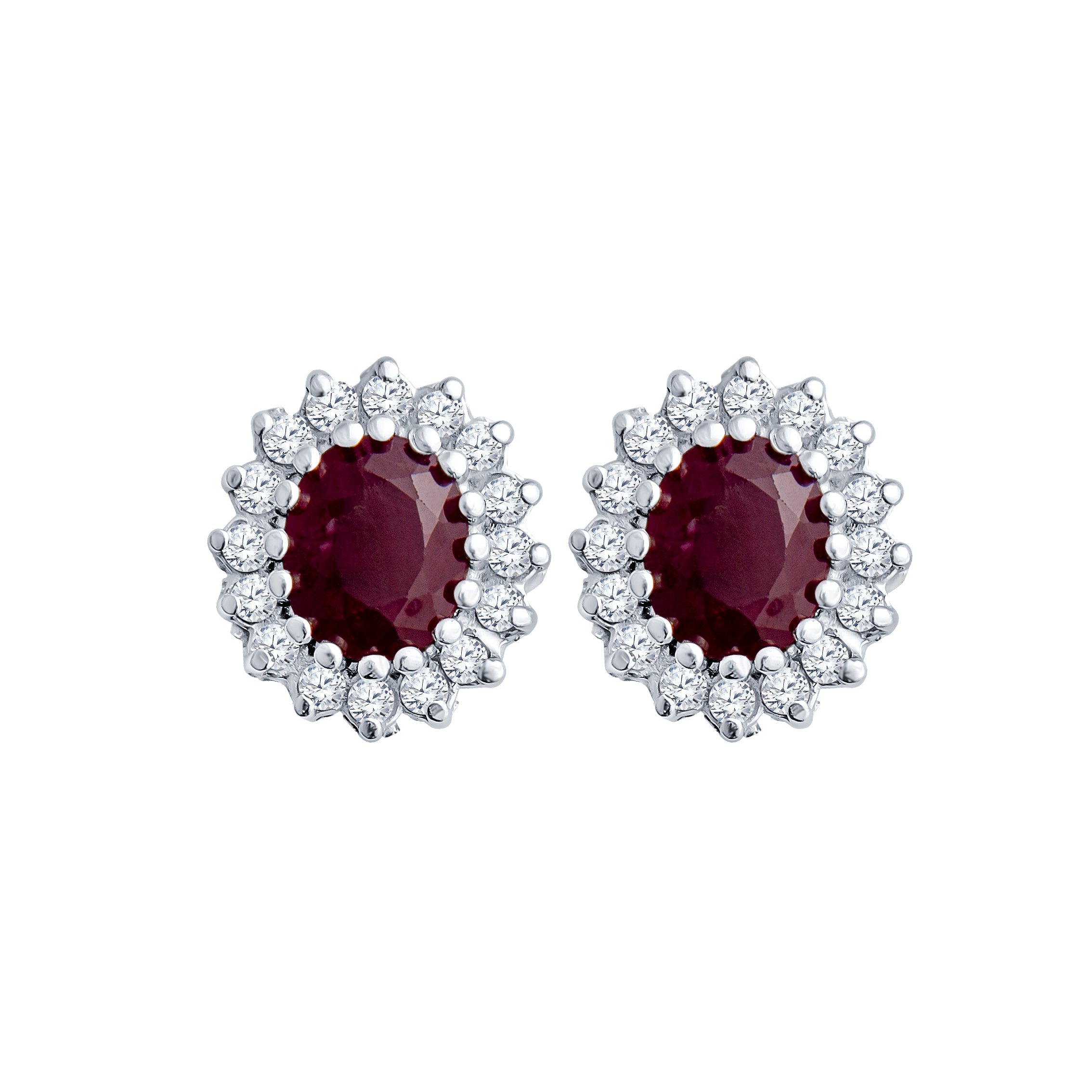 Oval ruby sunburst diamond halo stud earrings in 18K gold
