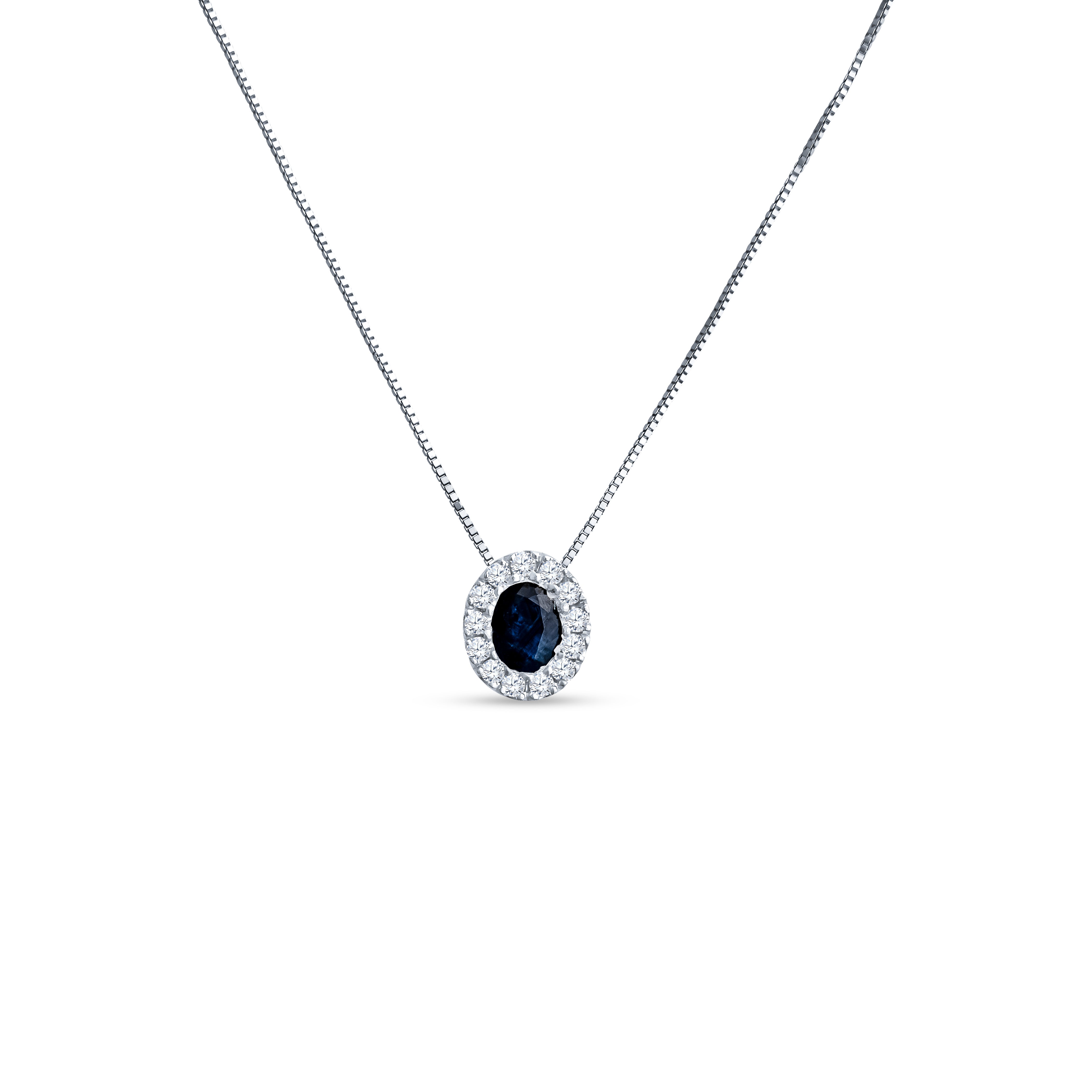 Oval blue sapphire diamond halo pendant in 18K gold