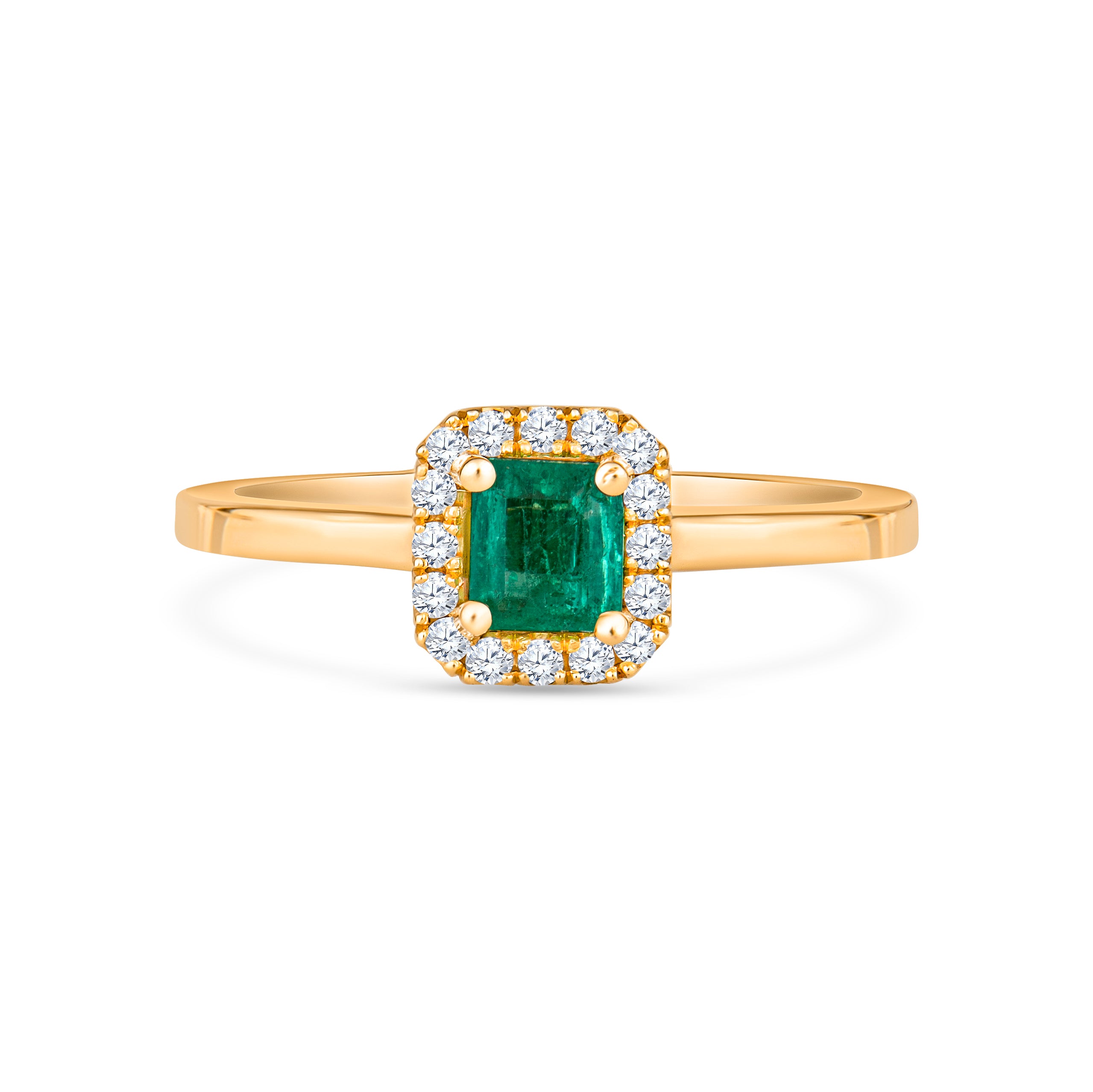 Colombian emerald cut halo solitaire ring in 18K gold